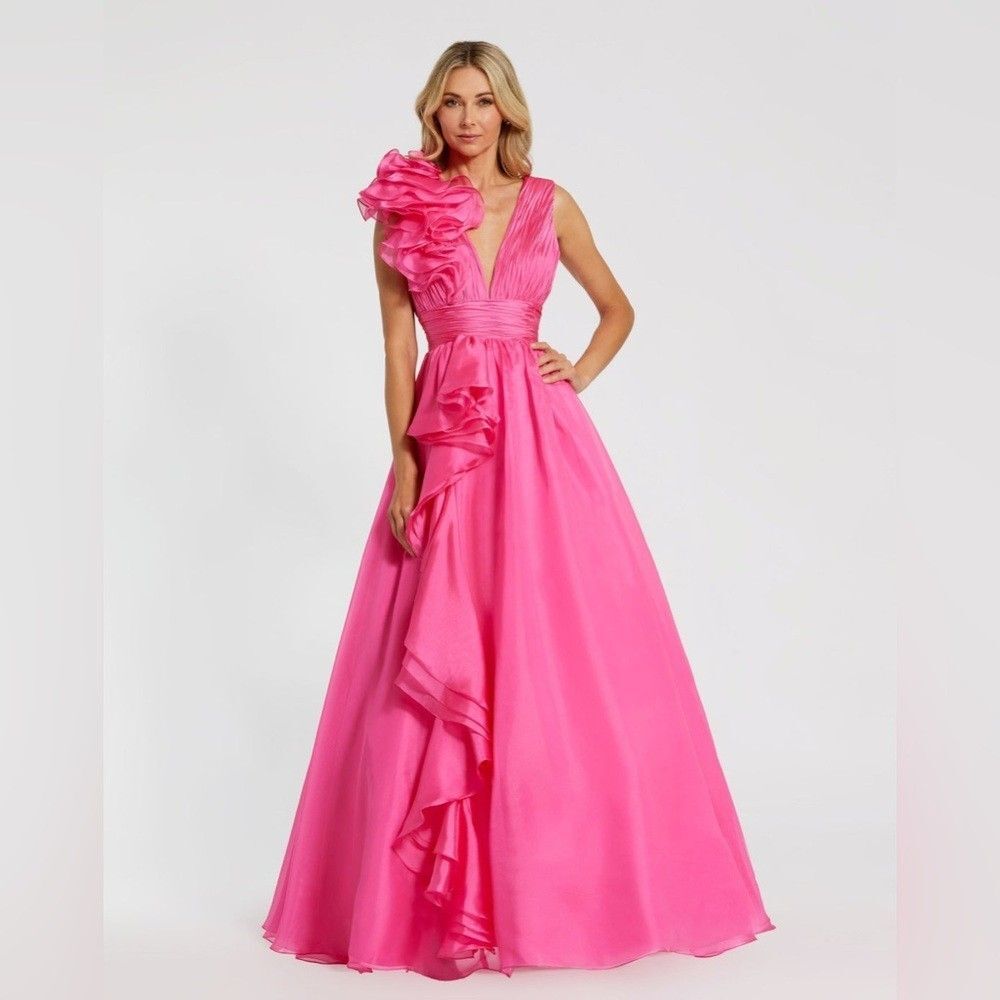 Mac Duggal 48856 Hot Pink Ruffle Shoulder V-Neck Chiffon Gown Ballgown 8 $458